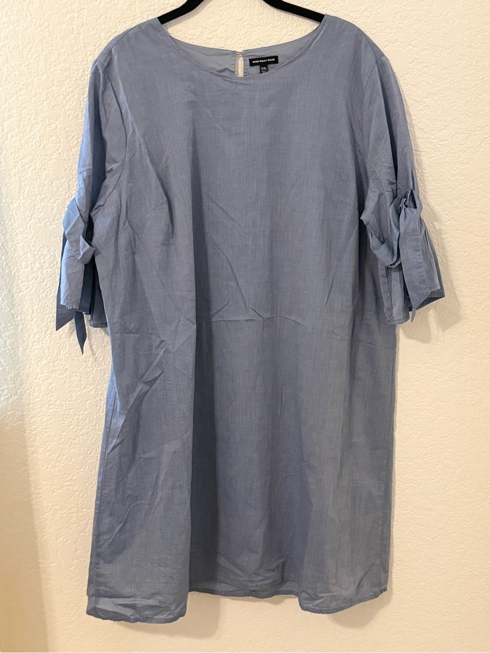 Who What Wear 100% Cotton Blue Shift Tunic Dress Tie Bell Sleeve Casual Size XXL